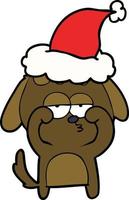 disegno a tratteggio di un cane stanco che indossa il cappello di Babbo Natale vettore