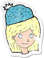 adesivo retrò in difficoltà di una donna cartone animato che indossa un cappello invernale vettore