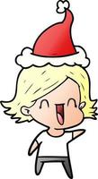 cartone animato sfumato di una donna felice che indossa il cappello di Babbo Natale vettore