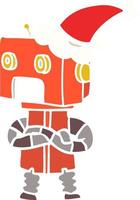 illustrazione a colori piatta di un robot che indossa un cappello da Babbo Natale vettore
