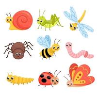 cartone animato insetti impostare. carino la farfalla, cavalletta e libellula. infantile vettore illustrazione isolato su bianca