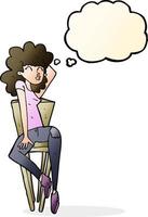 cartone animato donna in posa su sedia con pensato bolla vettore