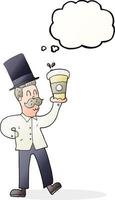 a mano libera disegnato pensato bolla cartone animato uomo con caffè tazza vettore