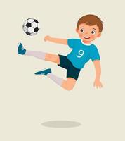 carino poco ragazzo giocando calcio salto alto calciando il calcio per rendere un' obbiettivo vettore