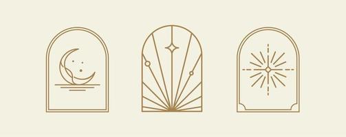 Vintage ▾ linea arte di boemo d'oro logo arte collezione, icone e simboli, sole e Luna, arco finestra design geometrico astratto design elementi per decorazione vettore