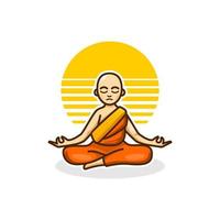 monaco logo icona, buddista monaco cartone animato personaggio yoga Meditare nel arancia e giallo accappatoio con sole sfondo vettore illustrazione