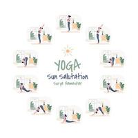 impostato di yoga esercizio sole saluto surya namaskar. sottile donne nel diverso yoga posizioni vettore