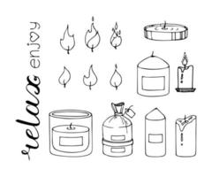 pilastro, vaso candela, quadrato, Multi stoppino diverso taglie. decorativo cera candele per rilassare e spa. mano disegnato scarabocchio illustrazione. linea arte vettore impostare. naturale impianti aroma