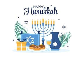 contento hanukkah ebraico vacanza modello mano disegnato cartone animato piatto illustrazione con menorah, sufganiyot, dreidel e tradizionale simboli vettore