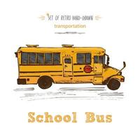 mano disegnato giallo scuola autobus simbolo isolato su bianca sfondo. con testo scuola autobus. Vintage ▾ sfondo. bene idea per lavagna design vettore