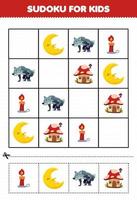 formazione scolastica gioco per bambini sudoku per bambini con carino cartone animato Luna candela fungo Casa mannaro Halloween stampabile foglio di lavoro vettore