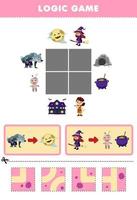 formazione scolastica gioco per bambini logica puzzle costruire il strada per mannaro e strega Halloween stampabile foglio di lavoro vettore