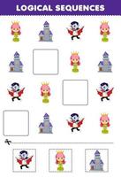 formazione scolastica gioco per bambini logico sequenze per bambini con carino cartone animato castello Regina dracula costume immagine Halloween stampabile foglio di lavoro vettore