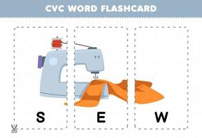 formazione scolastica gioco per bambini apprendimento consonante vocale consonante parola con carino cartone animato cucire illustrazione stampabile flashcard vettore