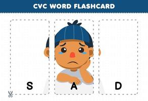 formazione scolastica gioco per bambini apprendimento consonante vocale consonante parola con carino cartone animato triste ragazzo illustrazione stampabile flashcard vettore