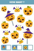 formazione scolastica gioco per bambini ricerca e conteggio Come molti oggetti di carino cartone animato Mais caramella zucca Halloween stampabile foglio di lavoro vettore