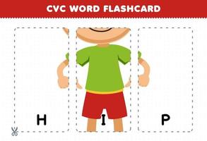 formazione scolastica gioco per bambini apprendimento consonante vocale consonante parola con carino cartone animato ragazzo puntamento su anca vita illustrazione stampabile flashcard vettore