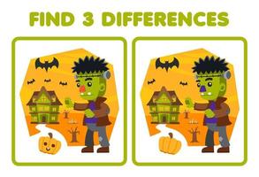 formazione scolastica gioco per bambini trova tre differenze fra Due carino cartone animato Frankenstein costume Halloween stampabile foglio di lavoro vettore