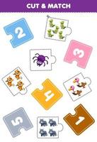 formazione scolastica gioco per bambini tagliare pezzo di puzzle e incontro di numero di carino cartone animato ragno avvoltoio tigre rinoceronte parrocchetto stampabile foglio di lavoro vettore