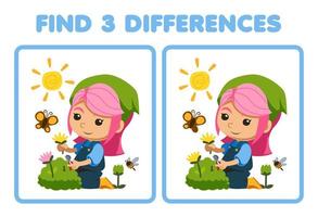 formazione scolastica gioco per bambini trova tre differenze fra Due carino cartone animato fioraio raccolta fiori accanto farfalla e ape azienda agricola stampabile foglio di lavoro vettore