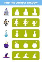 formazione scolastica gioco per bambini trova il corretta ombra silhouette di carino cartone animato castello procedura guidata pozione bottiglia calderone cappello Halloween stampabile foglio di lavoro vettore