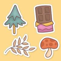 impostato di autunno adesivi clipart, pino albero, cioccolato, foglie, fungo vettore