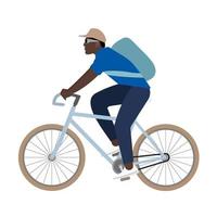 africano americano uomo su bianca bicicletta. vettore lato Visualizza illustrazione, isolato su bianca sfondo. estate sport a tema Immagine. pacchetto consegna. cartone animato stile.