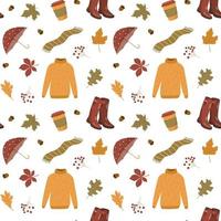 accogliente autunno caldo cose nel smorzato colori. vettore senza soluzione di continuità modello. maglione, ombrello, caldo sciarpa, autunno le foglie. isolato su bianca sfondo. grande per adesivi, stampe, tessile, involucri.