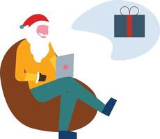 Santa è guardare per un' presente su un' il computer portatile. vettore