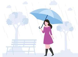 il ragazza è a piedi nel il pioggia con un ombrello. vettore