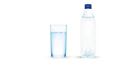 trasparente blu plastica acqua bottiglia con un' blu berretto e un' impilati bicchiere di acqua su un' pendenza blu sfondo. copia spazio. vettore
