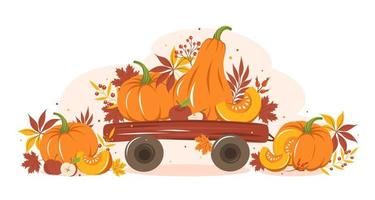 carta design con autunno colorato foglie, raccogliere zucca e frutta su carrello. contento ringraziamento. vettore illustrazione per vacanza saluto carta, striscione, manifesto.