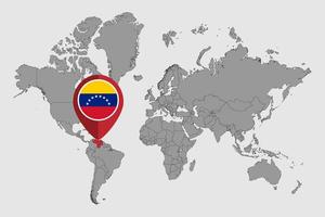 mappa pin con bandiera venezuela sulla mappa del mondo. illustrazione vettoriale. vettore