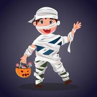 Halloween illustrazione con un' ragazzo vestito come un' mummia e Tenere zucca con dolci. contento Halloween illustrazione. divertente cartone animato carattere. vettore