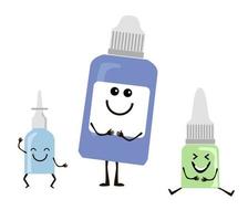 divertente medicinali. medicina emoticon su bianca, umorismo pillole, siringa cartone animato medico capsule disegni, primo aiuto personaggi vettore