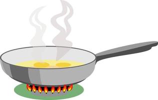 cucinando nel casa padella. cartone animato acciaio cucinando pentole con cucinando cibo, concetto di casa cena su fornello, fiammeggiante gas bruciatore manche cucina vettore