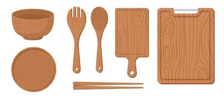 collezione impostato di di legno utensili da cucina piatto taglio tavola ciotola bastoncini forchetta spatola vettore