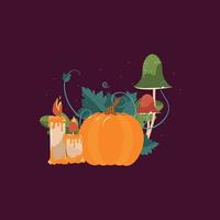 zucca illustrazione su viola sfondo. vettore disegno per Halloween arancia zucca con le foglie e steli. Due candele illuminato e Due funghi verde e rosso. illustrazione per tutti santi giorno decorati