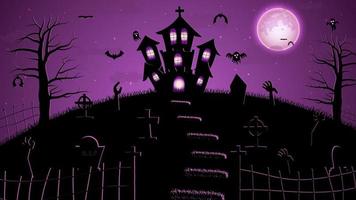 Halloween illustrazione con sagome di Halloween zucche, spaventoso albero, Vintage ▾ frequentato Casa e pipistrelli volante al di sopra di cimitero piatto nel chiaro di luna vettore