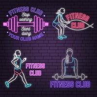 impostato di neon fitness club cartello su mattone parete sfondo. vettore illustrazione.