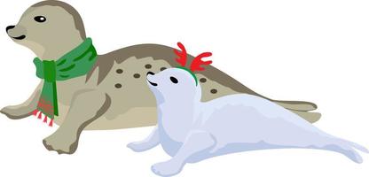 cartone animato foca famiglia nel un' rosso cappello e Natale mare vitello vettore