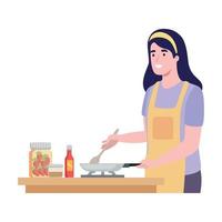 ragazza cucinando con padella vettore