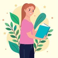 donna lettura libro con foglie vettore