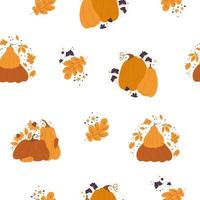 senza soluzione di continuità modello con carino zucche e autunno le foglie. asilo bambini modelli. kawaii zucca autunno autunno illustrazione. vettore modello Perfetto per tessuto, inviti, manifesti, stampa