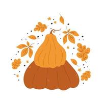 zucche cartone animato composizioni con le foglie e fiori. zucca isolato vettore composizione per autunno autunno, agricolo raccolto, ringraziamento o Halloween disegni