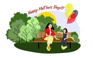 contento asiatico famiglia si siede su un' parco panchina nel soleggiato tempo metereologico con palloncini. famiglia, madri, bambini, padri, figli maschi, figlie, fratelli giorno celebrazione concettuale vettore design.