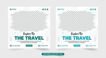 viaggio agenzia promozione bandiera modello per sociale media messaggi. famiglia vacanza progettista attività commerciale modello con sconto sezione. giro e viaggio sociale media inviare design con verde e blu colori. vettore