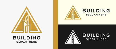 edificio logo design modello nel triangolo. creativo logo per costruzione, costruzione, Hotel, appartamento, architetto o alloggi. vettore illustrazione