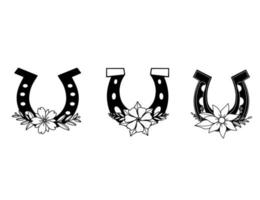 impostato di ferro di cavallo con fiore silhouette nero e bianca illustrazioni vettore