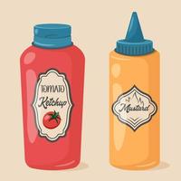 impostato di bbq salsa bottiglia isolato. ketchup e mostarda. vettore cartone animato illustrazione per barbeque carta disegno, estate picnic